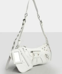 Public Desire UK The Trackstar White Croc Pu Studded Mirror Zip Detail Handbag NEW IN