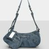 Public Desire UK CROSSBODY AND SHOULDER BAGS The Trackstar Denim Pu Studded Mirror Zip Detail Handbag
