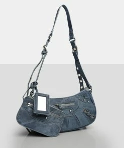 Public Desire UK CROSSBODY AND SHOULDER BAGS The Trackstar Denim Pu Studded Mirror Zip Detail Handbag