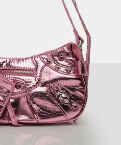 Public Desire UK NEW IN The Trackstar Metallic Pink Pu Studded Mirror Zip Detail Handbag