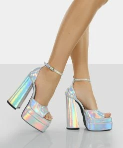 Public Desire UK Mercy Silver Holographic Strappy Square Toe Platform High Block Heels NEW IN