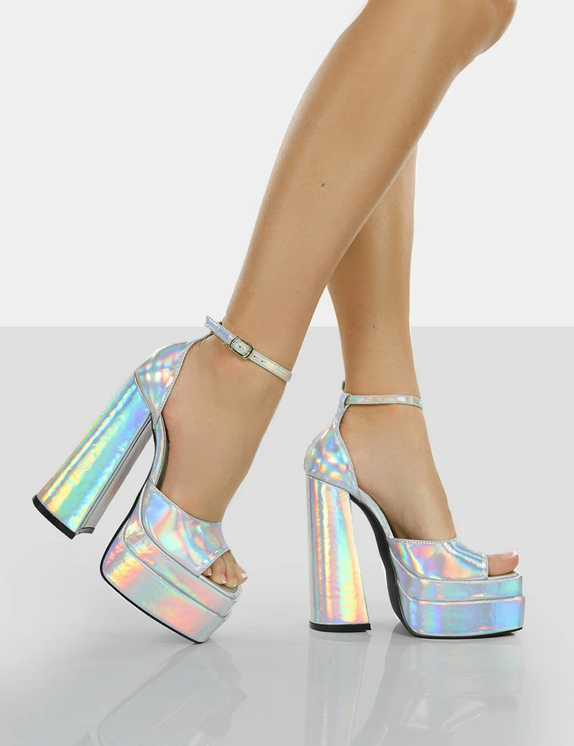 Public Desire UK Mercy Silver Holographic Strappy Square Toe Platform High Block Heels NEW IN 2 Public Desire UK Mercy Silver Holographic Strappy Square Toe Platform High Block Heels NEW IN