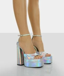 Public Desire UK Mercy Silver Holographic Strappy Square Toe Platform High Block Heels NEW IN