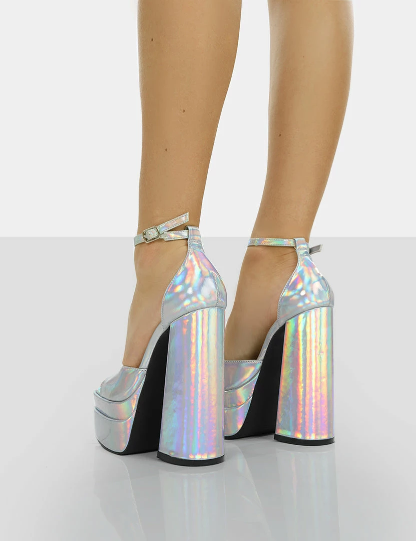 Public Desire UK Mercy Silver Holographic Strappy Square Toe Platform High Block Heels NEW IN 4 Public Desire UK Mercy Silver Holographic Strappy Square Toe Platform High Block Heels NEW IN