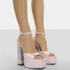 Public Desire UK NEW IN Mercy Baby Pink Satin Strappy Square Toe Platform High Block Heels