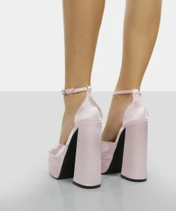 Public Desire UK NEW IN Mercy Baby Pink Satin Strappy Square Toe Platform High Block Heels