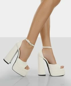 Public Desire UK Mercy Ecru Pu Strappy Square Toe Platform High Block Heels