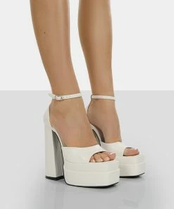Public Desire UK Mercy Ecru Pu Strappy Square Toe Platform High Block Heels