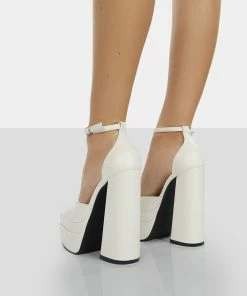Public Desire UK Mercy Ecru Pu Strappy Square Toe Platform High Block Heels
