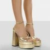 Public Desire UK Mercy Gold Grain Pu Strappy Square Toe Platform High Block Heels NEW IN