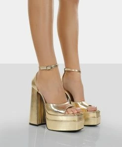 Public Desire UK Mercy Gold Grain Pu Strappy Square Toe Platform High Block Heels NEW IN
