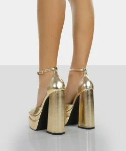Public Desire UK Mercy Gold Grain Pu Strappy Square Toe Platform High Block Heels NEW IN