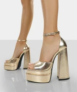 Public Desire UK Mercy Gold Grain Pu Strappy Square Toe Platform High Block Heels NEW IN