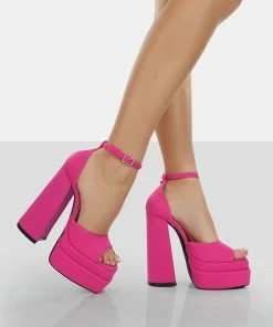 Public Desire UK NEW IN Mercy Hot Pink Strappy Square Toe Platform High Block Heels