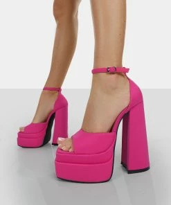Public Desire UK NEW IN Mercy Hot Pink Strappy Square Toe Platform High Block Heels