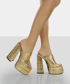 Public Desire UK Sky High Gold Croc Chunky Platform High Heeled Mules