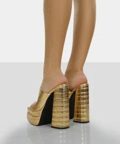 Public Desire UK Sky High Gold Croc Chunky Platform High Heeled Mules