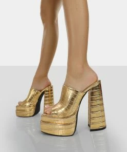 Public Desire UK Sky High Gold Croc Chunky Platform High Heeled Mules