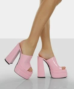 Public Desire UK Sky High Bubblegum Pink Patent Chunky Platform High Heeled Mules