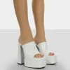 Public Desire UK Sky High White Croc Chunky Platform High Heeled Mules