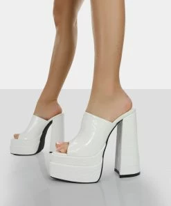Public Desire UK Sky High White Croc Chunky Platform High Heeled Mules