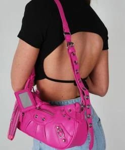 Public Desire UK The Trackstar Bright Pink Pu Studded Mirror Zip Detail Handbag