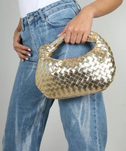 Public Desire UK NEW IN The Blame Metallic Gold Weave Knot Handbag