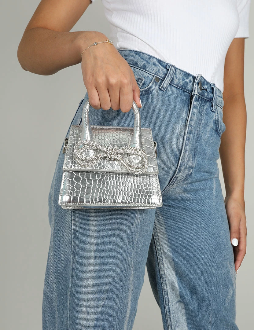 Public Desire UK The Indy Silver Croc Pu Diamante Bow Mini Bag NEW IN 2 Public Desire UK The Indy Silver Croc Pu Diamante Bow Mini Bag NEW IN