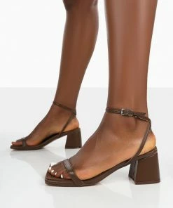 Public Desire UK Lane Chocolate Raffia Strappy Mid Block Heeled Sandals NEW IN