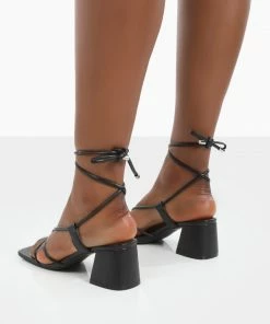 Public Desire UK Aloha Wide Fit Black Lace Up Block Mid Heeled Sandals NEW IN
