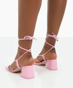 Public Desire UK PINK HEELS Aloha Pink Lace Up Block Mid Heeled Sandals