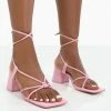Public Desire UK PINK HEELS Aloha Pink Lace Up Block Mid Heeled Sandals