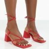 Public Desire UK NEW IN Aloha Wide Fit Red Lace Up Block Mid Heeled Sandals