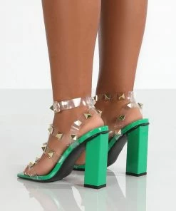 Public Desire UK Admired Green Patent Studded Strappy Block Heels