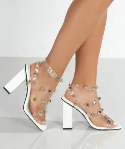 Public Desire UK Admired White PU Studded Strappy Block Heels