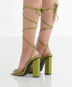 Public Desire UK Amira Olive Green PU Lace Up Block Heels