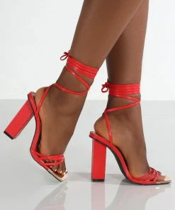 Public Desire UK Amira Wide Fit Red PU Lace Up Block Heels