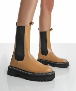 Public Desire UK Animate Camel Ankle Chelsea Boots Flat Boots