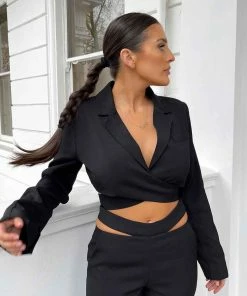 Public Desire UK Wrap Front Cropped Blazer Black KAIIA CLOTHING