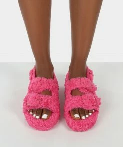 Public Desire UK Bliss Fuchsia Borg Fluffy Faux Fur Buckled Grandad Sandals FLATS