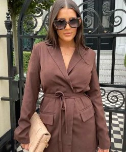Public Desire UK Wrap Belt Blazer Dress Chocolate