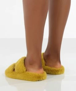 Public Desire UK Bunny Mustard Double Strap Fluffy Slippers