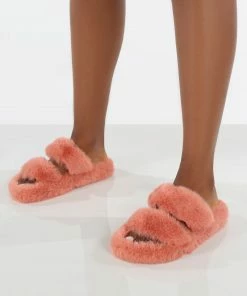Public Desire UK Bunny Peach Double Strap Fluffy Slippers Gifts