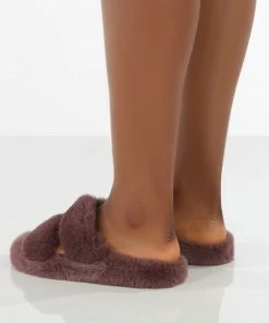 Public Desire UK Bunny Mauve Double Strap Fluffy Slippers