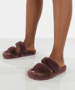 Public Desire UK Bunny Mauve Double Strap Fluffy Slippers