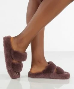 Public Desire UK Bunny Mauve Double Strap Fluffy Slippers