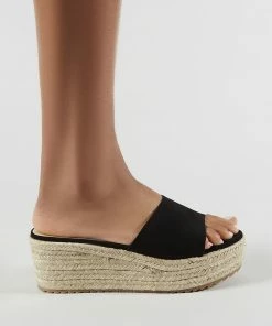 Public Desire UK Cami Flatform Espadrille Sliders In Black Faux Suede