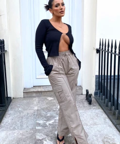 Public Desire UK Split Hem Cargo Trousers Stone