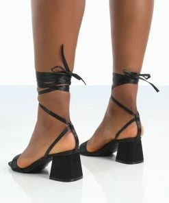 Public Desire UK Caught Out Black Satin Square Open Toe Lace Up Block Heeled Sandals