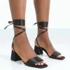 Public Desire UK Caught Out Black Satin Square Open Toe Lace Up Block Heeled Sandals